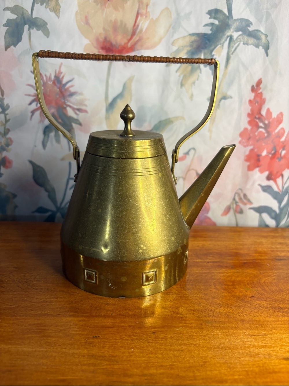 Vintage Brass Teapot Kettle with Woven Handle - Gold Finish